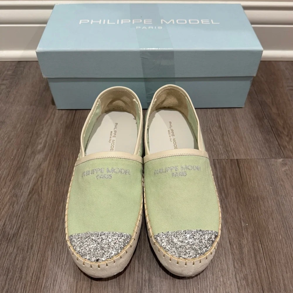 Philippe Model Marseille Low Canvas Glitter Detail Green Espadrille Flats